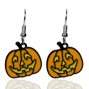 Halloween pumpkin drop earrings with vibrant orange enamel design for festive holiday party style.