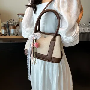 Bolso de mano para mujer de lona y cuero patchwork casual elegante bolso cruzado.