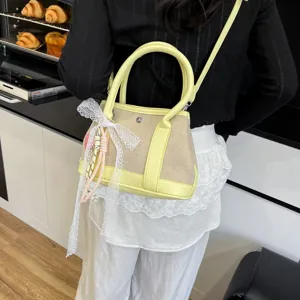 Bolso de hombro de lona y cuero para mujer elegante bolso bombo casual con decoracion encaje