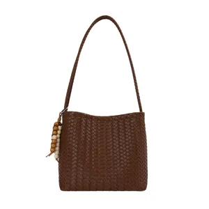 Sac a epaule Tisse elegant pour femme, sac seau de capacite grande pour le travail, marron