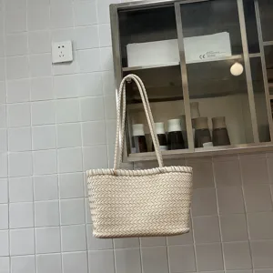 Μπεζ πλεκτή δερμάτινη τσάντα ώμου γυναικεία κομψή μεγάλη τσάντα αγορών χωρητικότητα