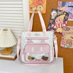 Grand sac cabas epaule en toile rose blanc mignon oreillettes chat sac bandouliere avec poche avant