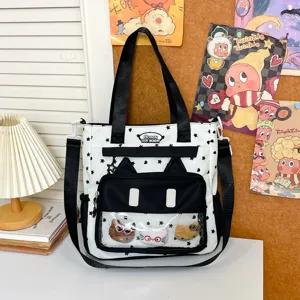 Grand sac cabas en toile avec design d'oreilles de chat mignon et imprimé d'étoiles pour femmes
