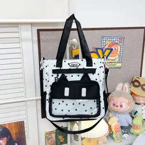 Grand sac cabas en toile avec adorables oreilles de chat, motif étoiles noir et blanc et style.