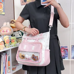 Joli sac ita rose et blanc grand cabas en toile sac à bandoulière avec fenêtre transparente