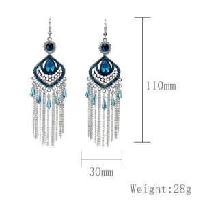 Pendientes colgantes de borla diamante plateado vintage con estrás, medidas.