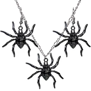 Halloween Gótico Aleación Araña Negra Tridimensional Juego de Joyas Esmalte Cadena de Ola Colgante Collar Pendientes Colgantes para Fiesta Mujer Joyería Regalo