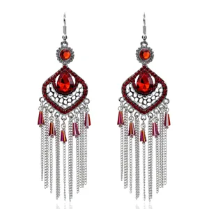 Pendientes largos borla cristal rojo vintage estilo étnico metal hueco gota joyería