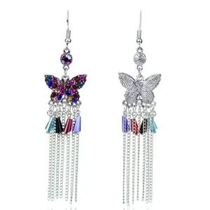 Chique vlinder strass oorbellen met kleurrijke kristal kwastjes, feest sieraden.