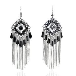 Pendientes largos de metal estilo bohemio con borlas, colgante de diamantes de imitación.