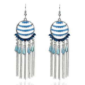 Pendientes colgantes de borla azul, elegantes joyas vintage de metal y cristal.