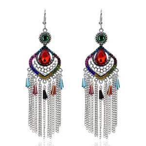 Pendientes de Gancho Vintage Étnico Aleación Strass Rombo Calado Borla Plata Antigua Gota de Agua Geométrico para Mujer