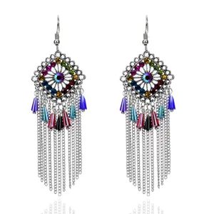 Pendientes Colgantes de Aleación de Strass Boho Vintage Pendientes Largos Exagerados en Forma de Rombo Geométrico Hueco con Fleco Metálico