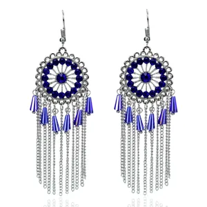 Pendientes largos de cadena con flecos estilo bohemio vintage y pedrería azul para mujer.