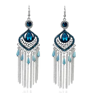 Pendientes largos de borla vintage con cristal de lágrima azul oscuro y pedrería brillante.