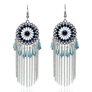 Pendientes largos de borla bohemios vintage plateados cristales azules flecos joyas.