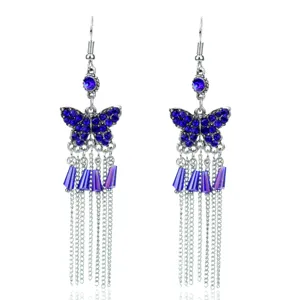 Blauwe strass vlinder oorbellen met metalen franjes voor mooie stijlvolle feestjes.