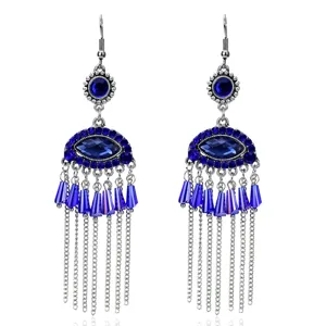 Pendientes largos de flecos con cristal azul de mal de ojo estilo bohemio para mujer