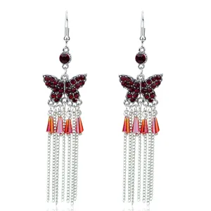 Vintage Legering Strass Vlinder Hangoorbellen Voor Vrouwen Kleurrijke Glazen Kralen Lange Metalen Kwastje Haak Oorbellen Feest Sieraden