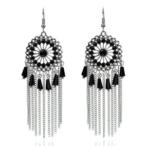 Pendientes colgantes largos de cadena flecos metal plateado estilo bohemio vintage.