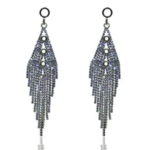 Pendientes largos de flecos con diamantes de imitación detalle, joyería elegante.