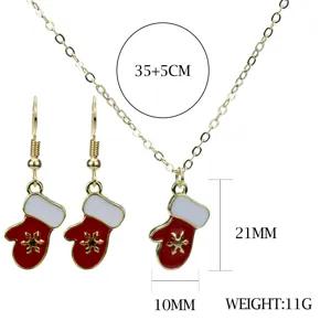 Lindo collar con colgante de guante rojo y blanco de Navidad y pendientes con copo de nieve.