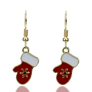 Pendientes de guante con copo de nieve de Navidad, joyas festivas rojas y blancas.