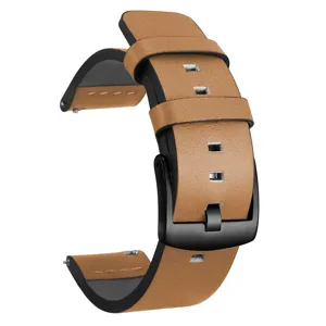 Echt rundleer horlogeband detailweergave, premium bruine band met een zwarte metalen gesp.