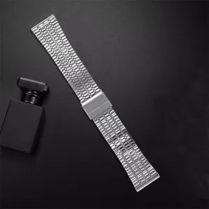 Stainless steel watch strap detail, 7-bead metal replacement band with double folding clasp.