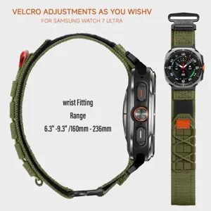 Detailansicht des grünen Nylon-Uhrenarmbands mit Klettverschluss für Outdoor-Sportarten.