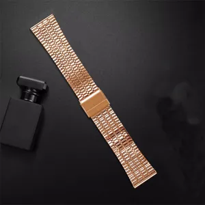 Detail shot of rose gold stainless steel 7-bead watch strap with secure folding clasp.