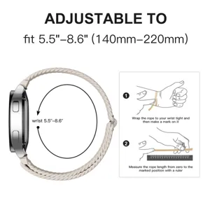 Adjustable nylon braided watch strap detail showing 5.5 to 8.6 inch wrist fit and size guide.