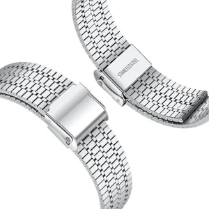 Stainless steel watch band detail view featuring secure double folding clasp design.