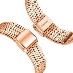 Rose gold stainless steel watch strap with double buckle, durable metal replacement band.