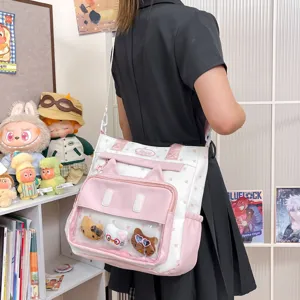 Grand sac cabas bandouliere femme en toile avec fenetre transparente et oreilles de chat.