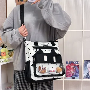 Sac bandoulière en toile à motif d'étoiles avec poche avant transparente et oreilles de chat.