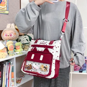 Sac à bandoulière en toile pour femmes, joli design d'oreilles de chat avec fenêtre claire.