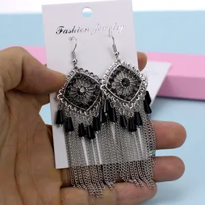 Pendientes de borla de metal de estilo étnico bohemio colgante de rombo de diamantes de imitación