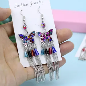 Europese en Amerikaanse stijl strass vlinder oorbellen met metalen franjes en kleurrijke kralen