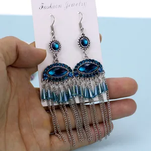 Pendientes de borla de metal étnico bohemio, pendientes colgantes de mal de ojo largos para mujeres.