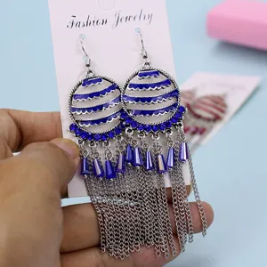 Pendientes largos colgantes de borla de metal con estrás azul vintage para mujeres