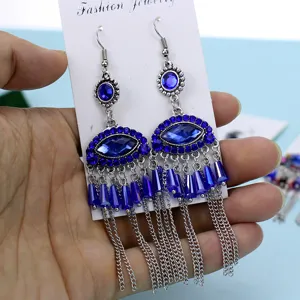 Pendientes largos de borla metal mal de ojo bohemios cristal azul para mujer chic elegantes