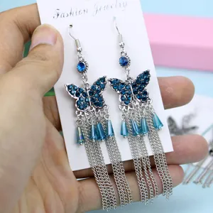 Strass vlinder franje oorbellen, blauwe kristal metalen kwast sieraden voor feest.