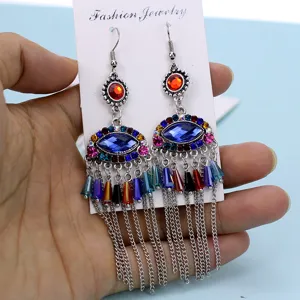 Pendientes borla metal etno boho, pendientes colgantes ojo turco largos exagerados mujer.