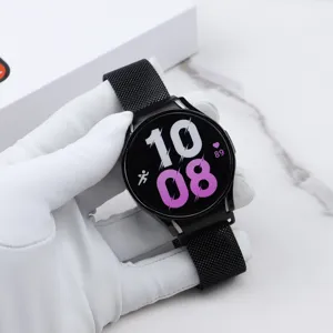 Milanese magnetic metal watch strap replacement compatible with smartwatches, stylish black accessory.