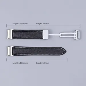 Black litchi pattern leather watch strap detail with metal folding magnetic clasp and size.