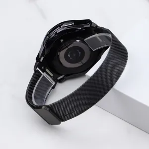Compatible with Samsung Watch 6 Classic 44mm black Milanese metal strap and TPU case.