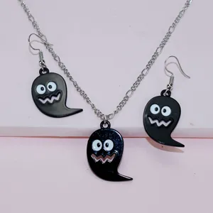 Halloween zwarte geest ketting oorbellen set grappige schattige feestelijke sieraden voor dames