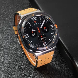 Perforated leather watch strap with contrast stitching, breathable design detail shot.