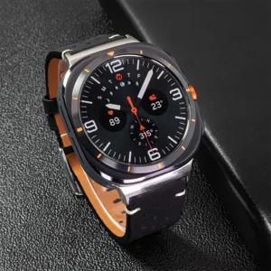 Black leather watch strap with white stitching and breathable perforation for smartwatches detail.